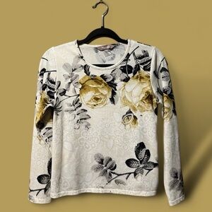 TanJay Cream w/Golden Yellow & Grey Floral Print Sparkly Knit Top Size Small